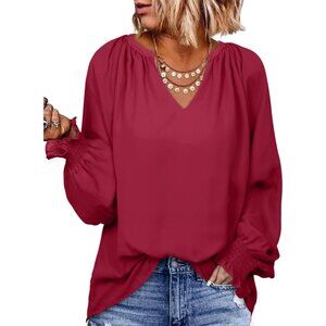 Women Red Stylish, Elegant Smocked Long Sleeve V Neck Casual Chiffon Shirt Top